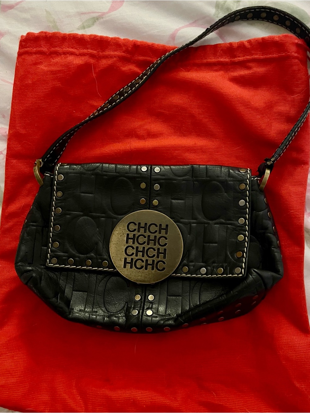 Carolina Herrera Black Leather Shoulder Bag with Brass Logo Medallion